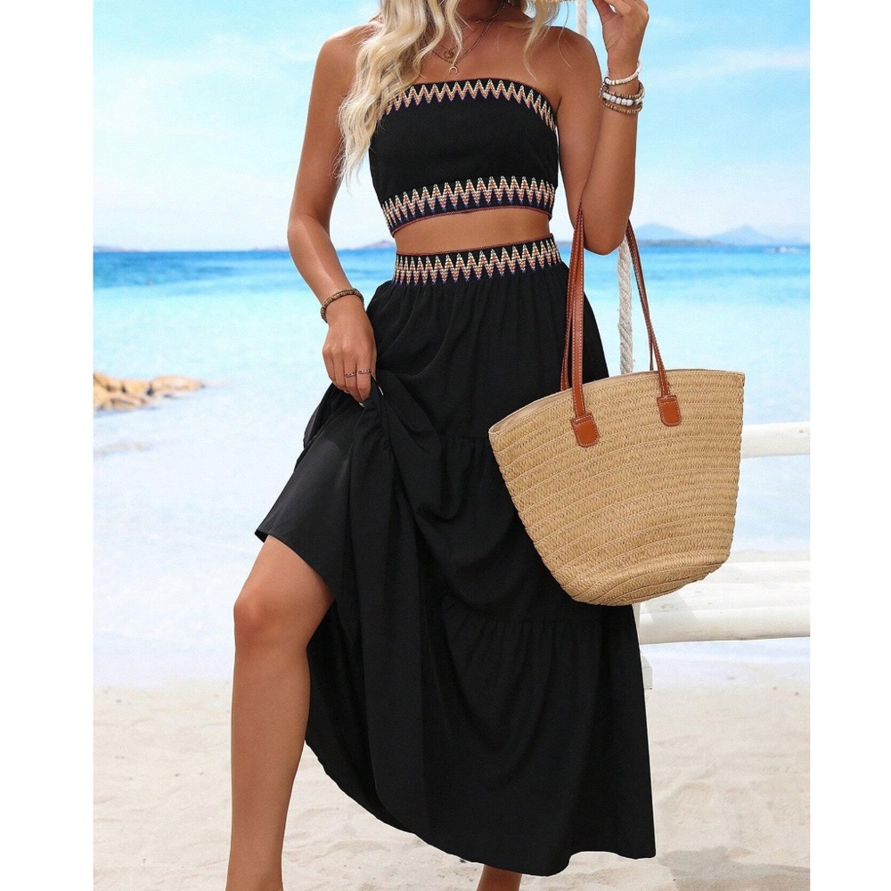 Boho Black Chevron Tube Top Maxi Skirt Set